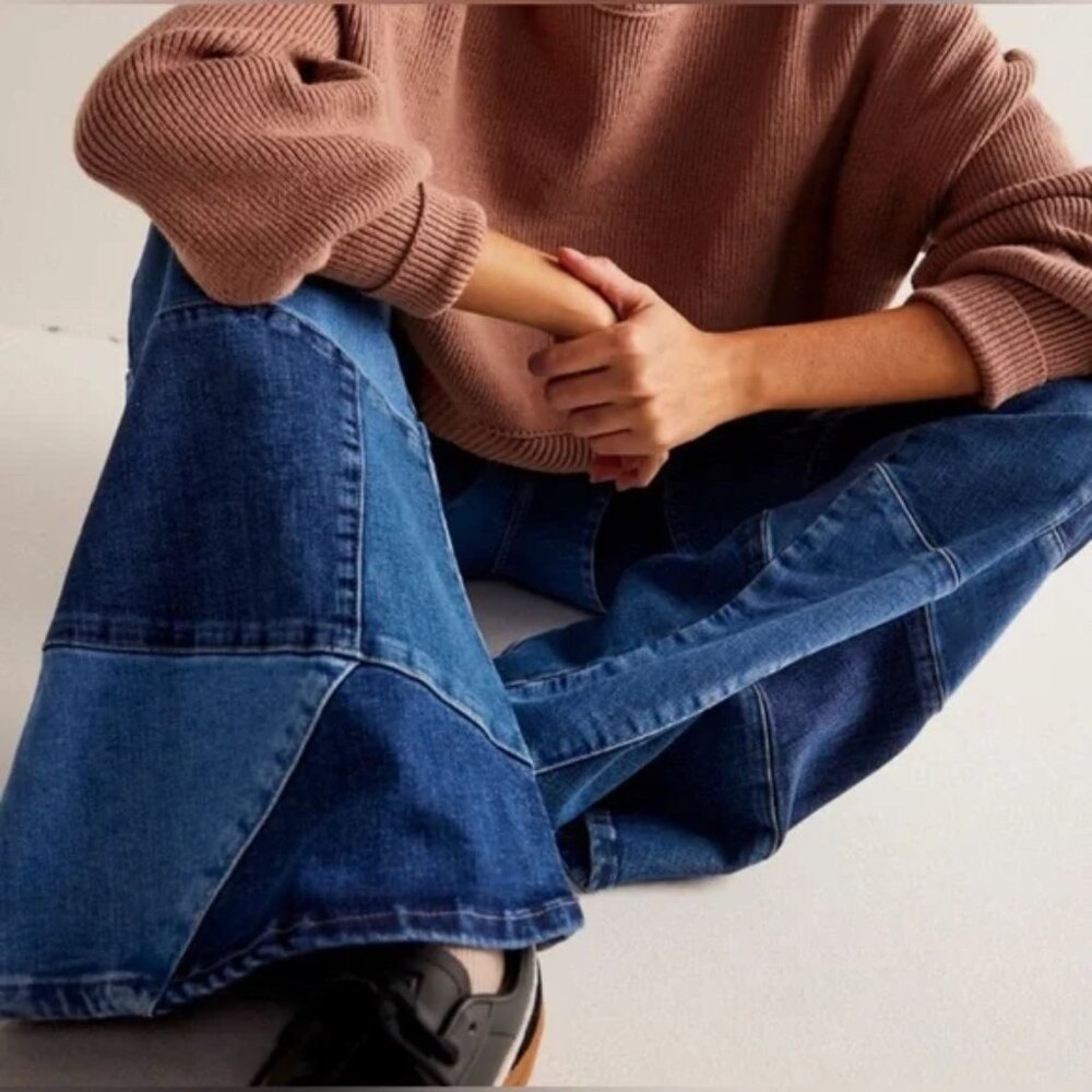 Free People We The Free No Boundaries Patchwork Flare Bell Bottom Jeans (26) - Picture 3 of 14